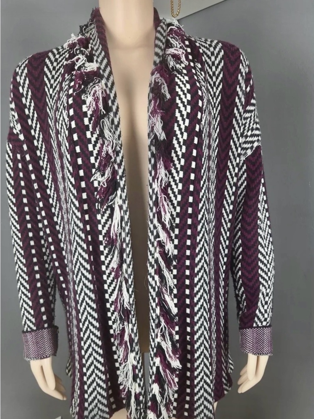 Etcetera Burgundy & White Fringe Open Cardigan Sweater